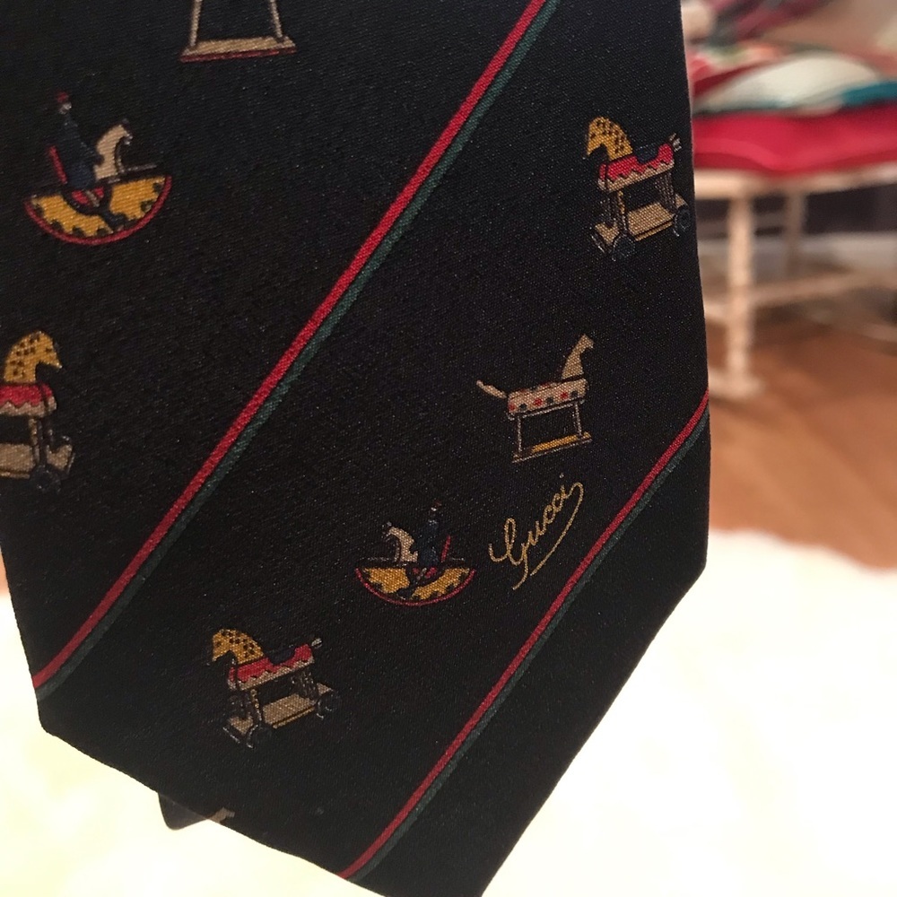 Gucci Vintage 80s–90s Silk Tie Rocking Horse Toy Motif Rare Holiday Collectible